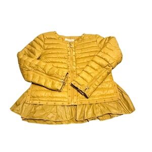 Hopeshow Classic Women XL Puffer Jacket Mustard Yellow Ruffled Hem Studded‎